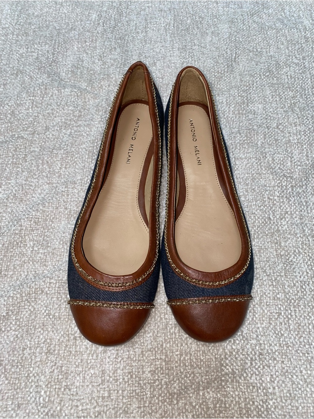 Antonio Melani Denim & Brown Leather Ballet Flats - Size 9 - Chain Detail